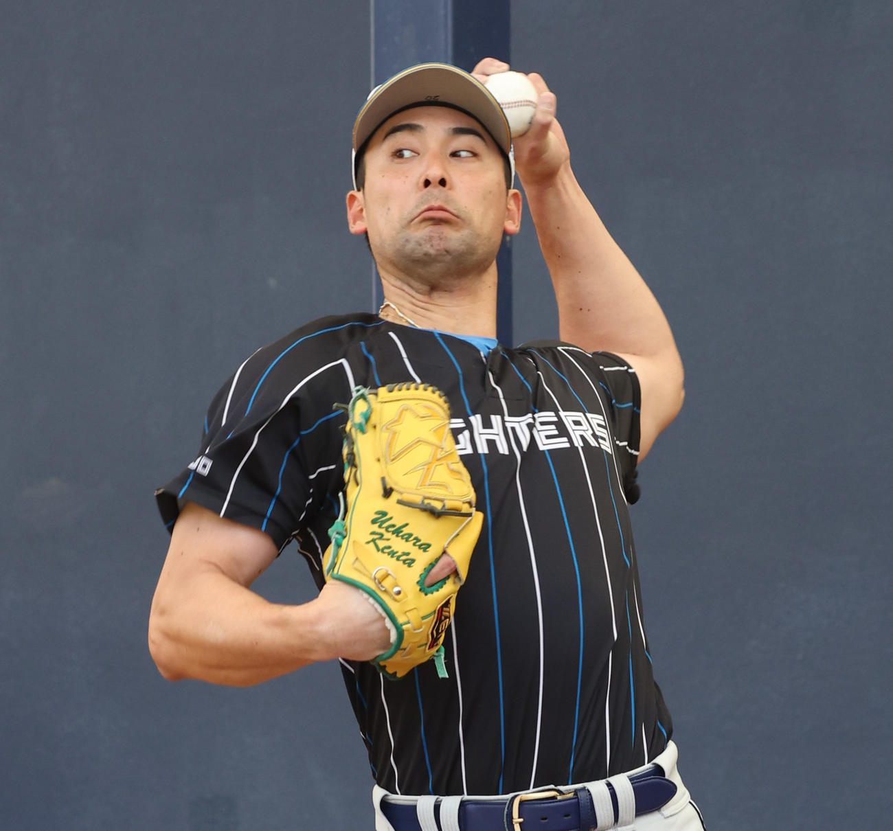 ブルペンで投球する日本ハム上原（撮影・黒川智章）