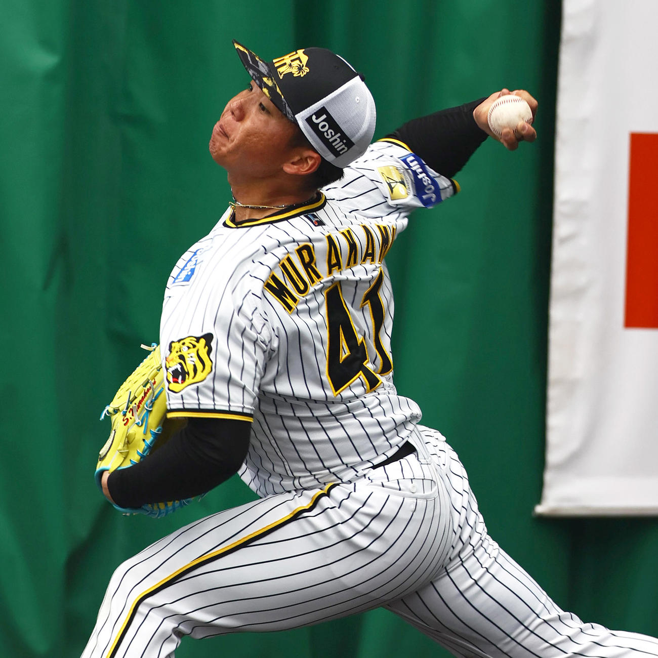 ブルペンで投げ込む阪神村上（撮影・上山淳一）
