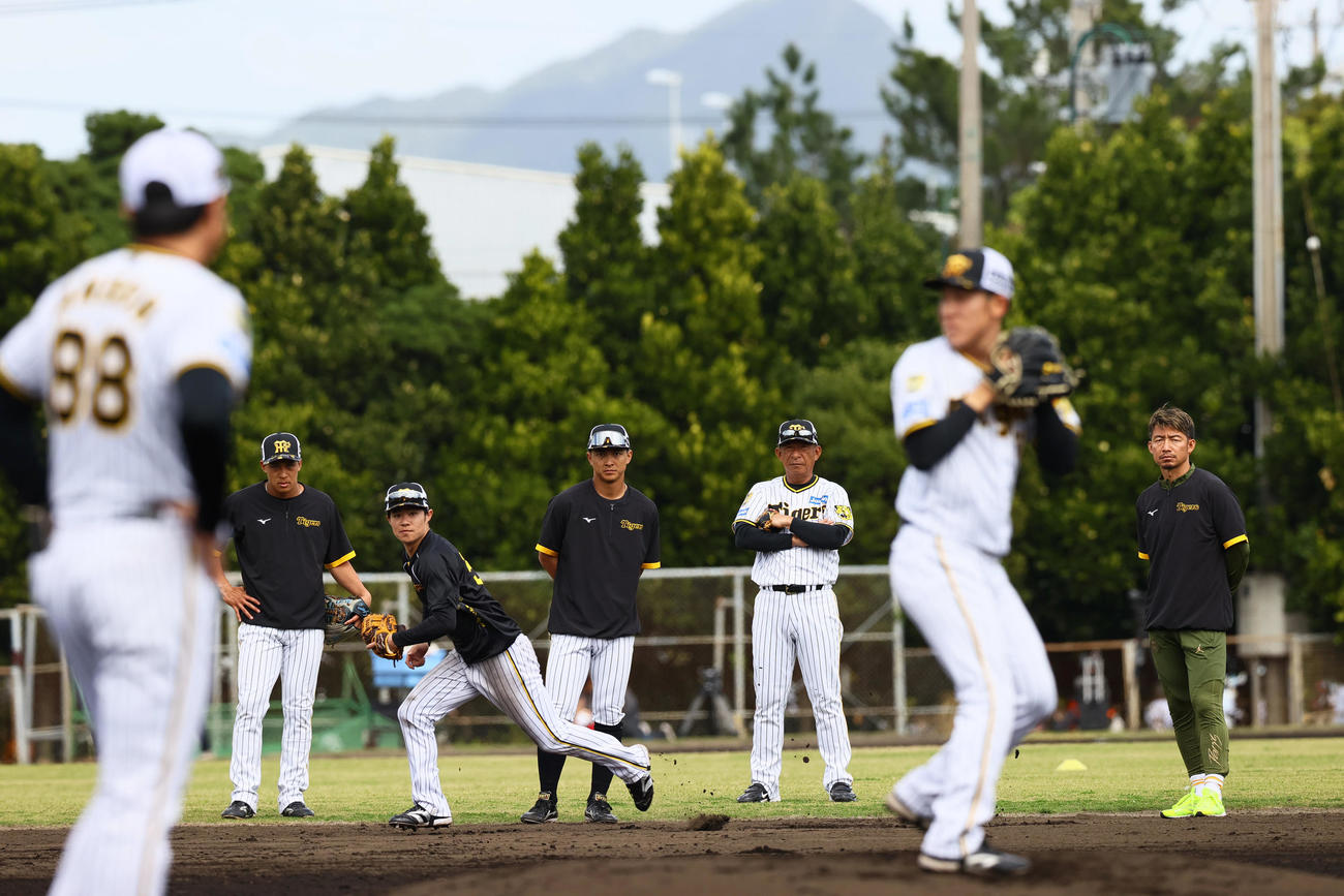 けん制練習で走り出す阪神中野（左から3人目）。右は鳥谷臨時コーチ（撮影・上山淳一）