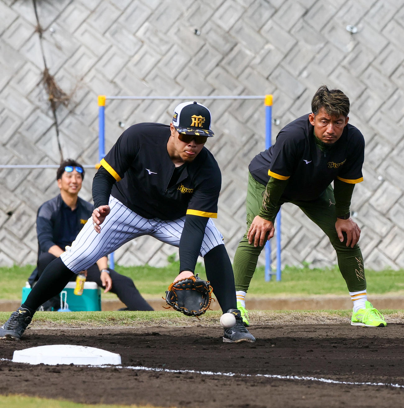阪神佐藤輝（手前）は鳥谷臨時コーチ（右）と藤川球団本部付SAが見守る中、ノックを受ける（撮影・上山淳一）