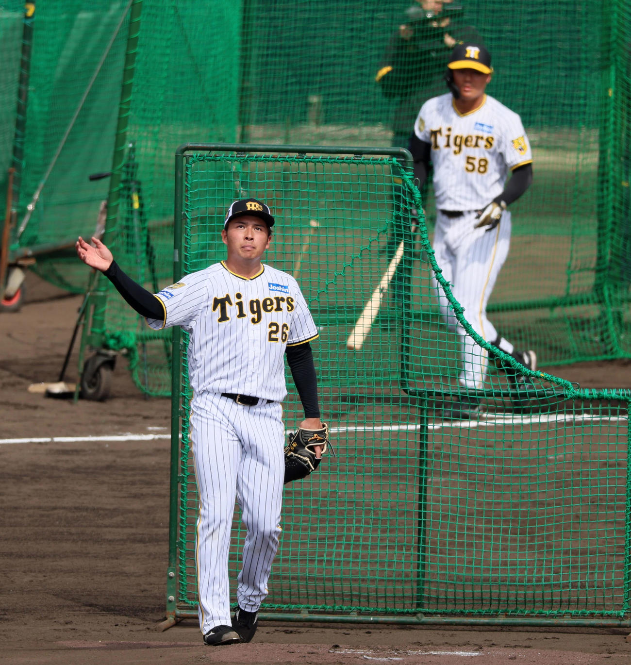 前川を相手にランチ特打で打撃投手として初登板した椎葉（撮影・加藤哉）