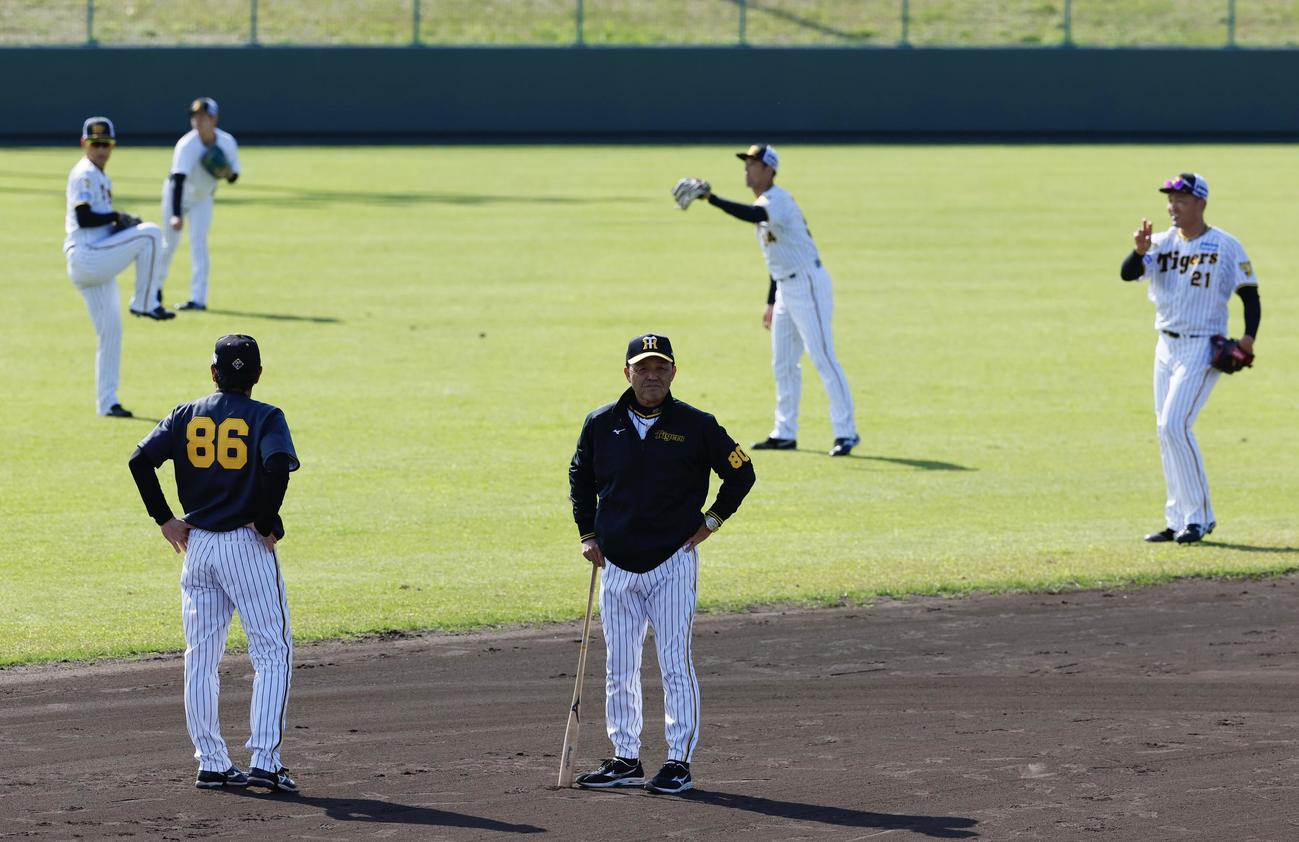 阪神2軍春季キャンプ2軍を視察する岡田監督（中央）（撮影・藤尾明華）
