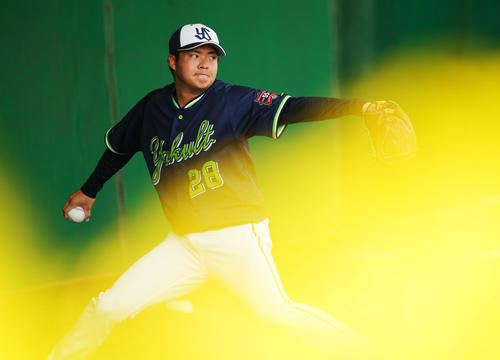 ブルペンで投球練習をするヤクルト松本健（撮影・横山健太）