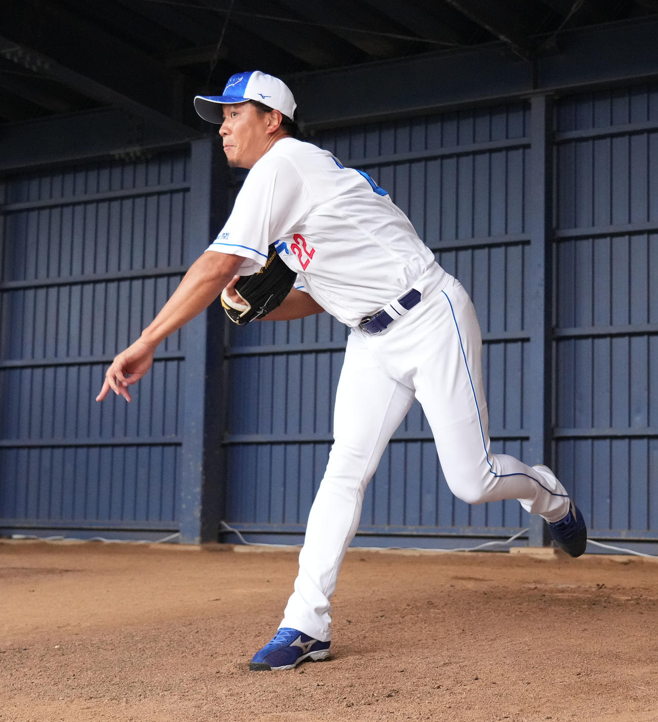 ブルペンに入り投球練習をする大野（撮影・森本幸一）
