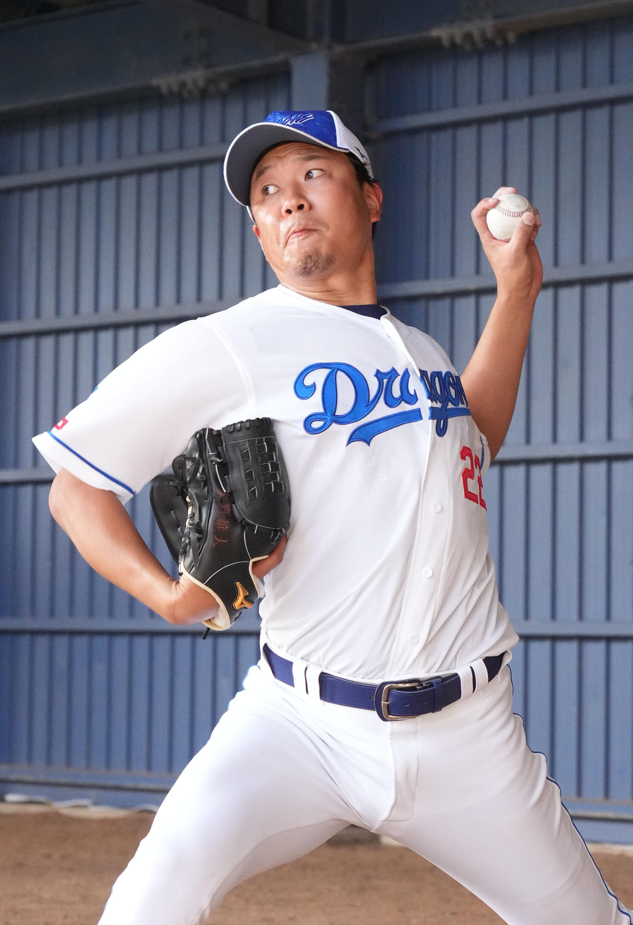 ブルペンに入り投球練習をする大野（撮影・森本幸一）
