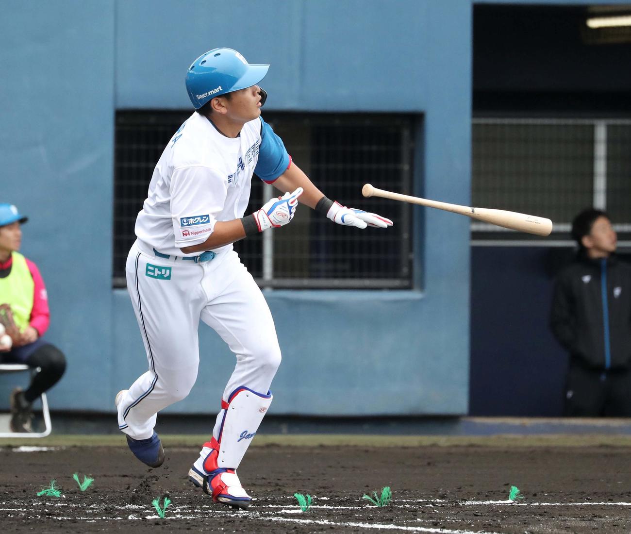 日本ハム紅白戦　2回裏白組2死、左中間に本塁打を放つ野村（撮影・黒川智章）