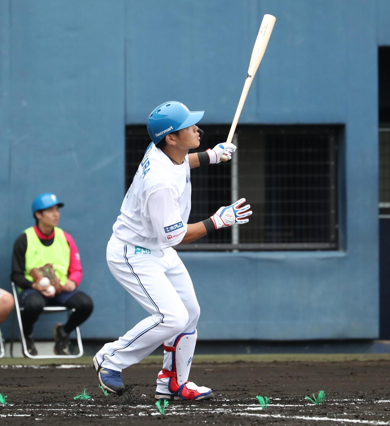 日本ハム紅白戦　2回裏白組2死、左中間に本塁打を放つ野村（撮影・黒川智章）