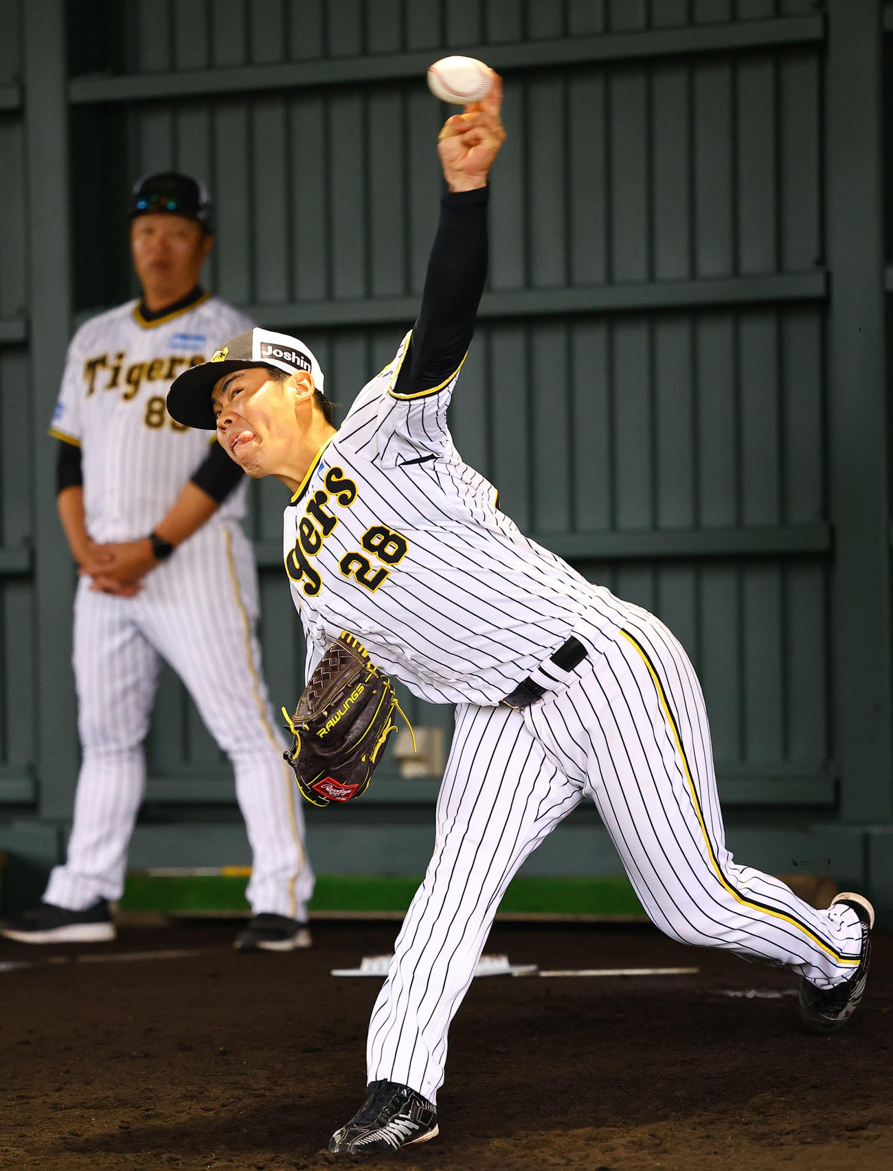 ブルペンで投球練習をする鈴木（撮影・藤尾明華）
