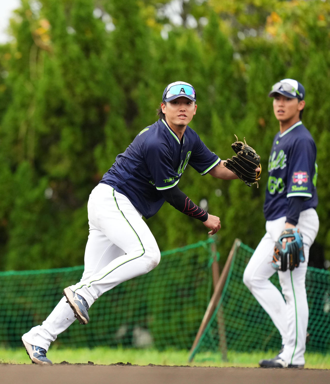 特守で軽快な動きを見せるヤクルト長岡（左）と武岡（撮影・横山健太）