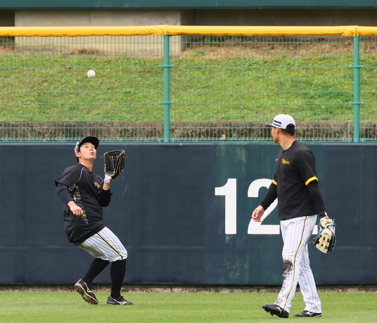 個別練習でノックを受ける阪神野口（左）と阪神森下（撮影・上山淳一）