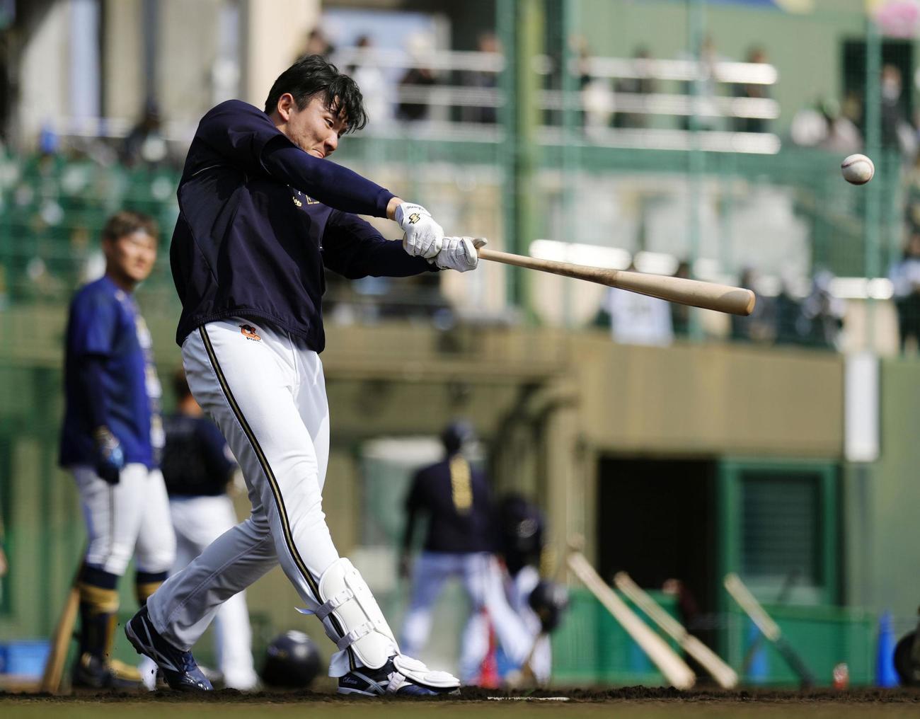 打撃練習で汗を流すオリックス茶野（共同）