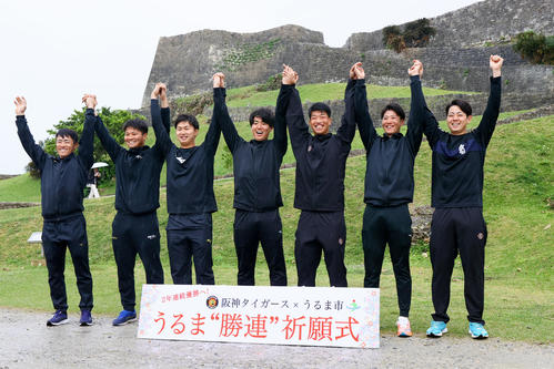 休日に勝連城跡を見学した、左から阪神福島、松原、津田、石黒、百崎、山田、下村（撮影・上山淳一）