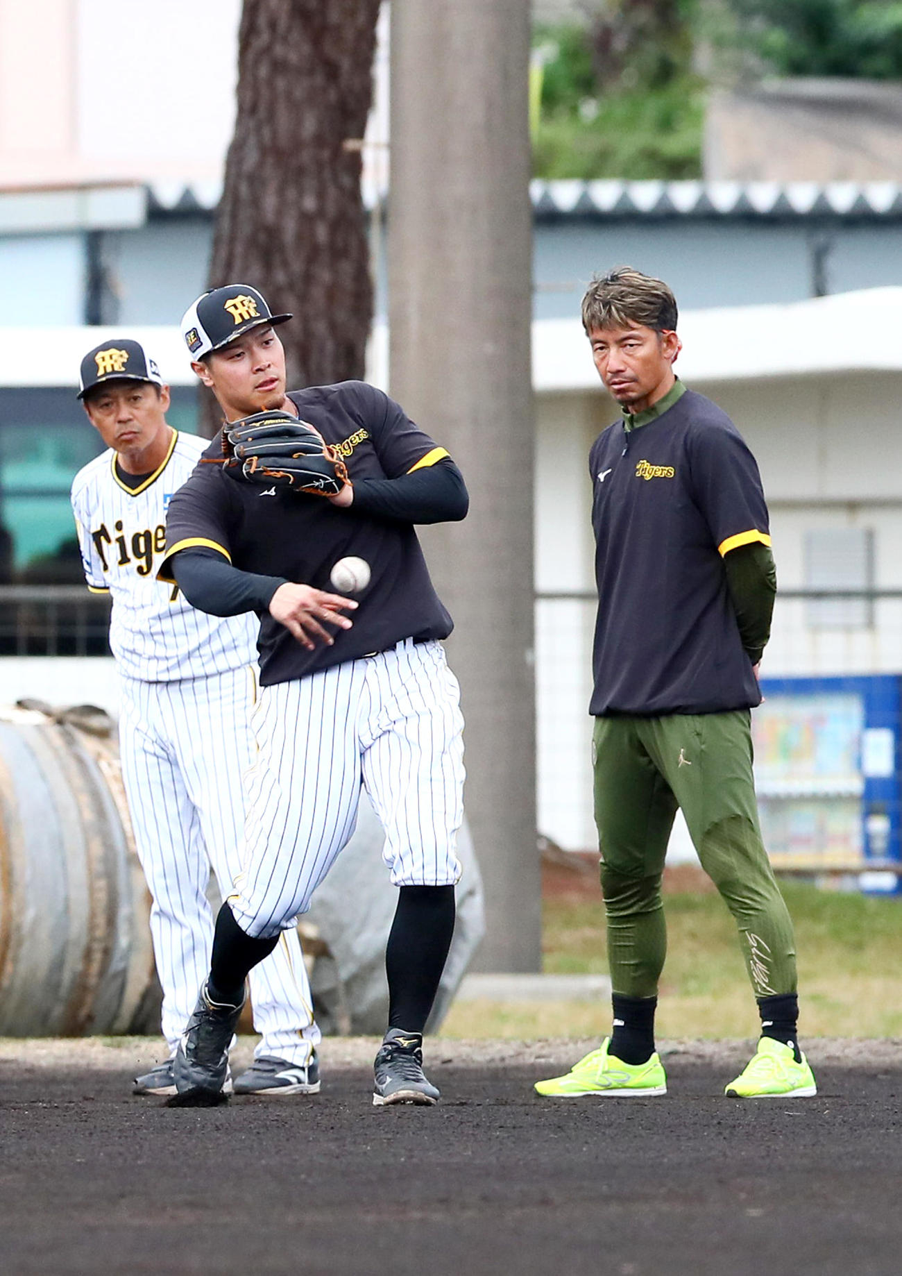 阪神佐藤輝（手前）は鳥谷臨時コーチ（右）の100分レッスンを受ける。左は藤本コーチ（撮影・上山淳一）