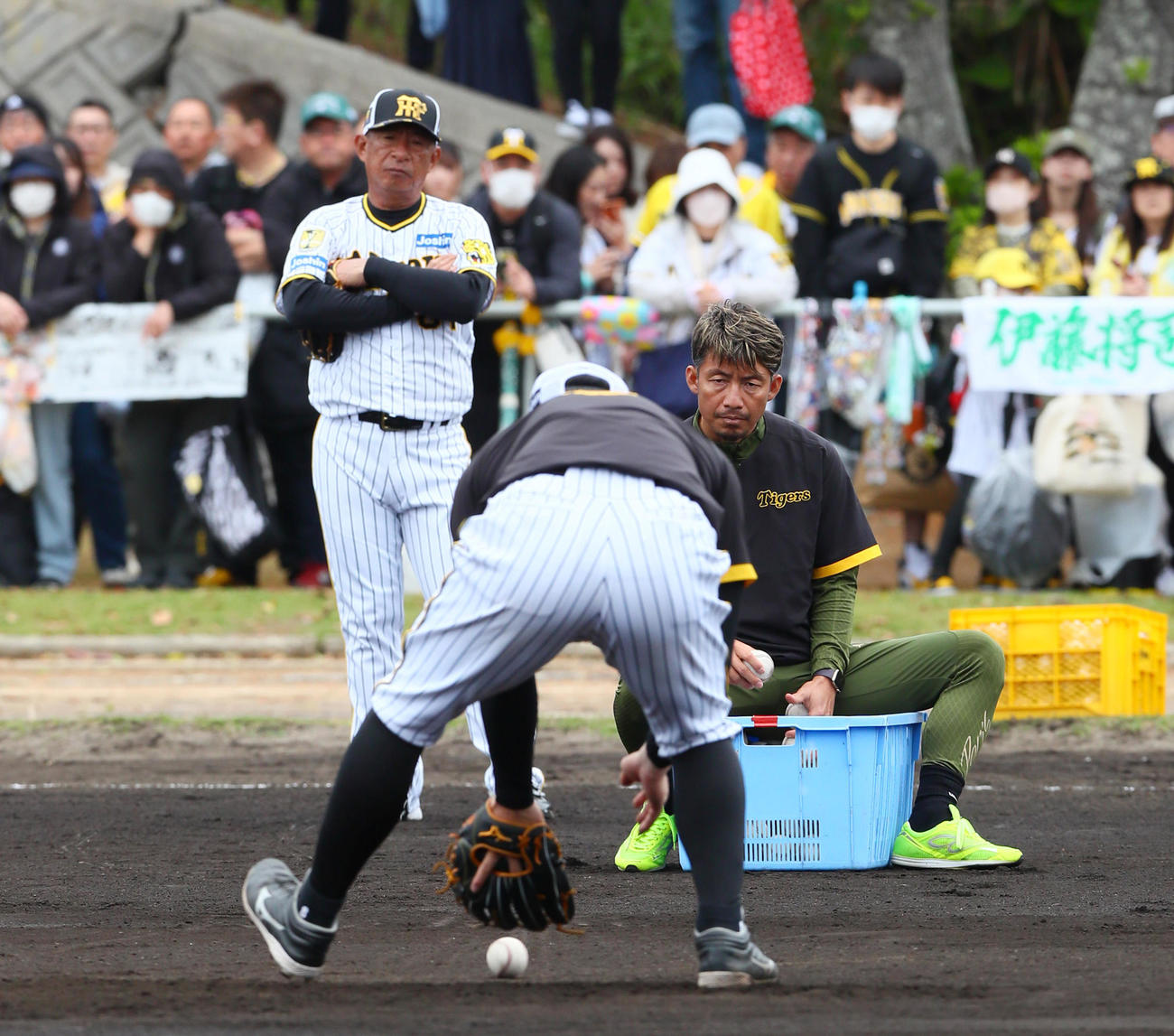 鳥谷臨時コーチ（右）は阪神佐藤輝の守備の指導をする。左は馬場内野守備走塁コーチ（撮影・上山淳一）