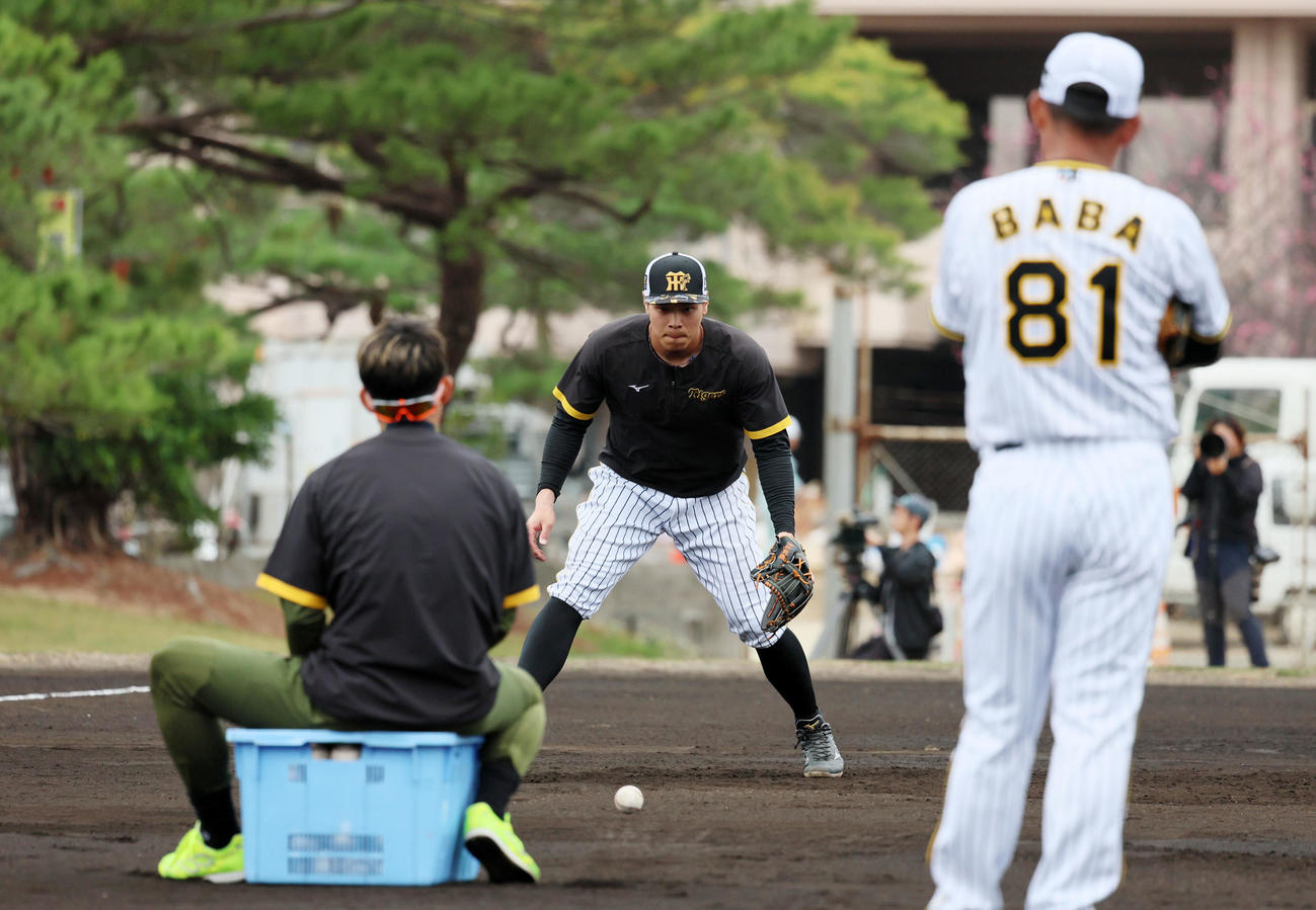 特守で鳥谷臨時コーチ（左）の転がしたボールを捕球する佐藤輝（撮影・加藤哉）