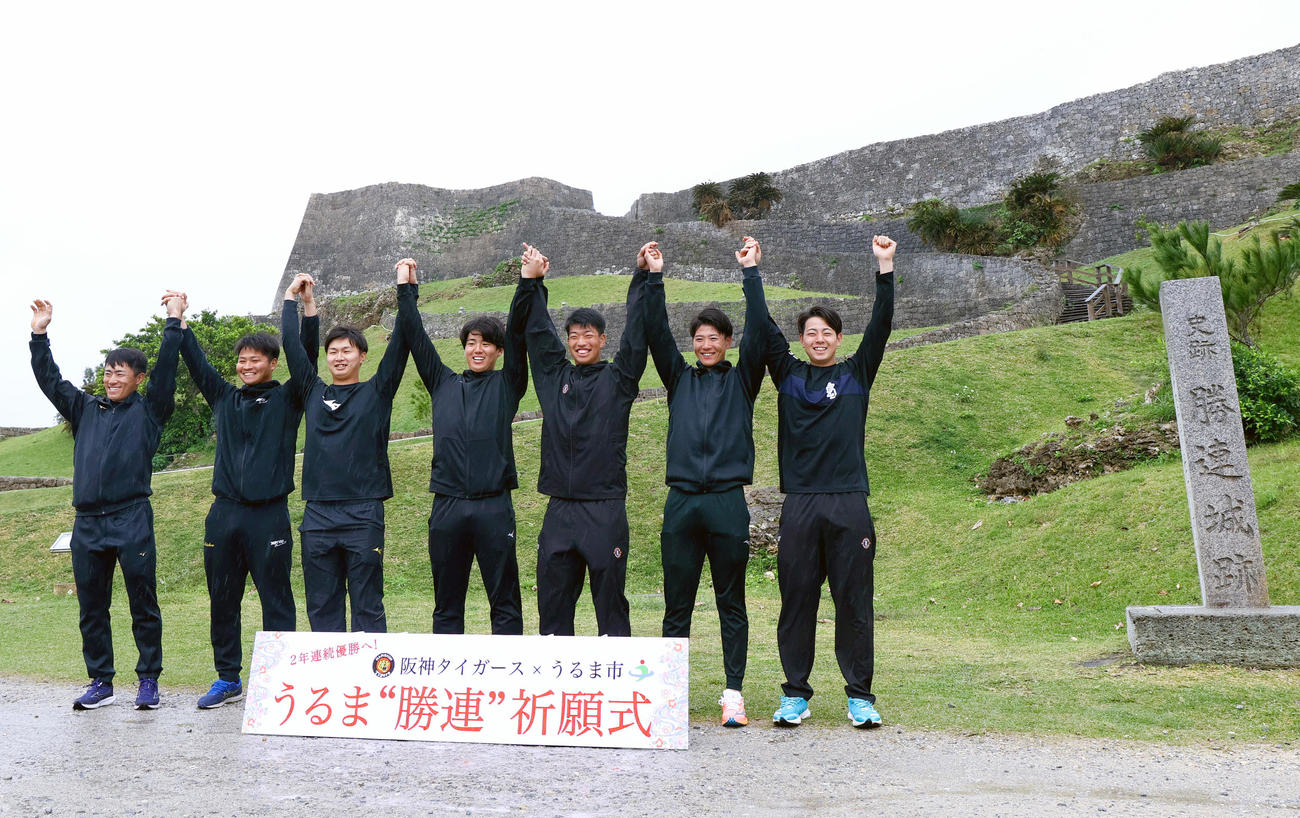 キャンプ休日で勝連城跡を訪れ記念写真に納まる阪神の新人ら、左から福島、松原、津田、石黒、百崎、山田、下村（撮影・上山淳一）