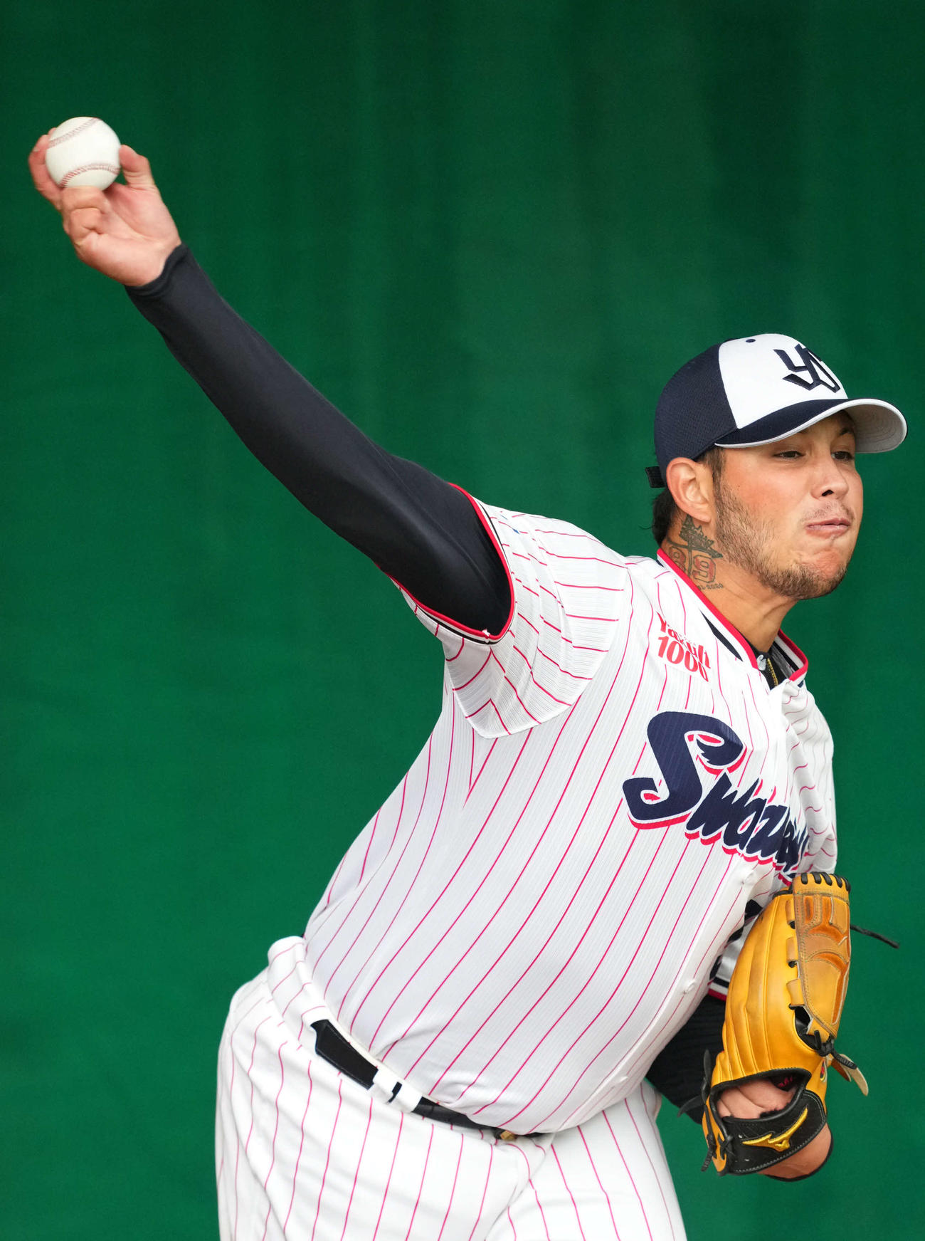 8日、ブルペンで投球練習をするヤクルトのヤフーレ