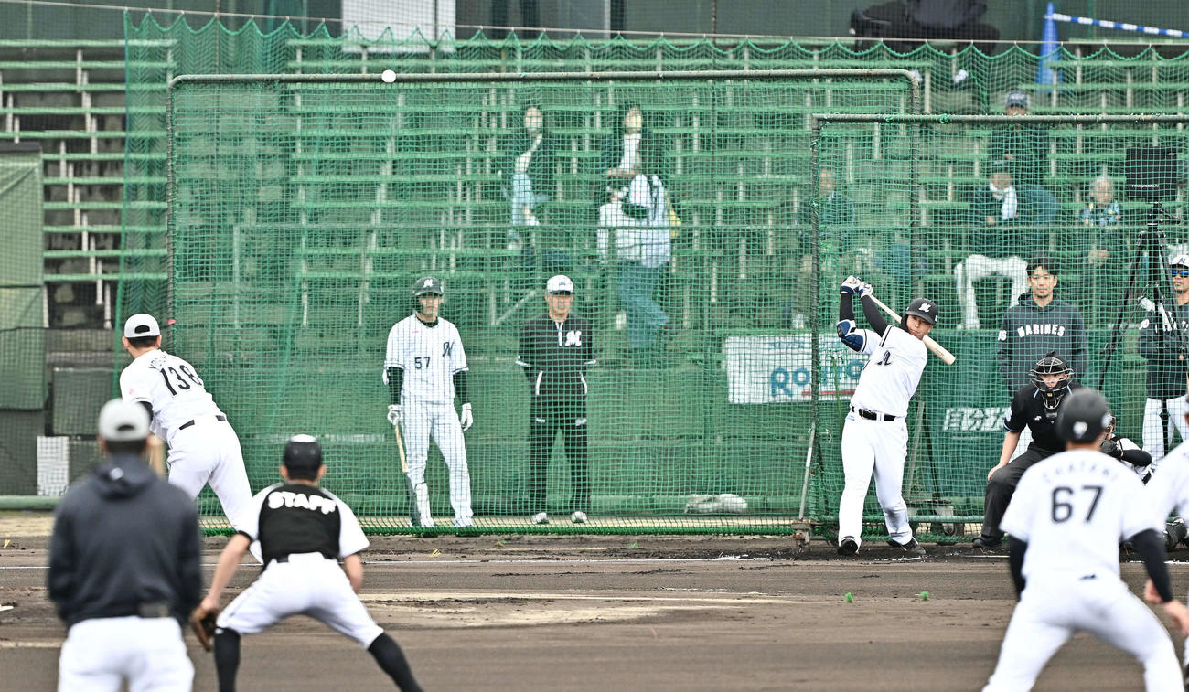 ライブBPで安打性の打球を放つロッテ上田。投手吉田（撮影・滝沢徹郎）