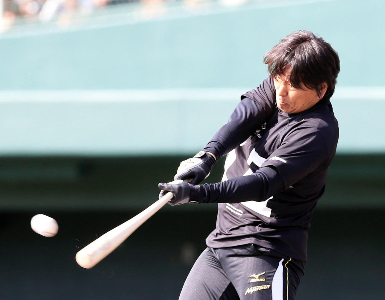 14年ランチ特打で阿部から右翼席へ本塁打を放つ松井臨時コーチ（左）