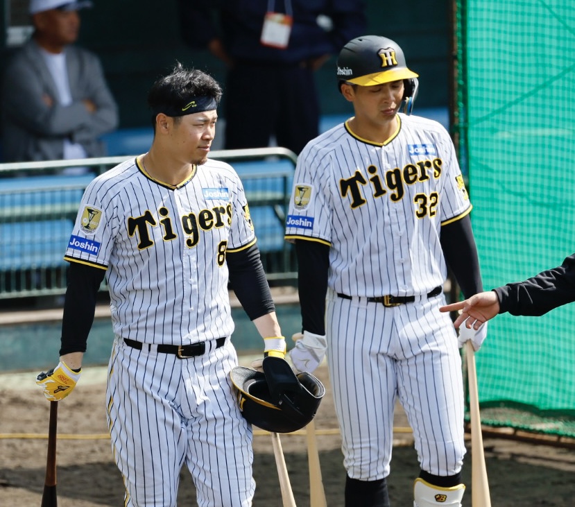 阪神春季キャンプ　ランチ特打に向かう佐藤輝（左）と井上（撮影・藤尾明華）