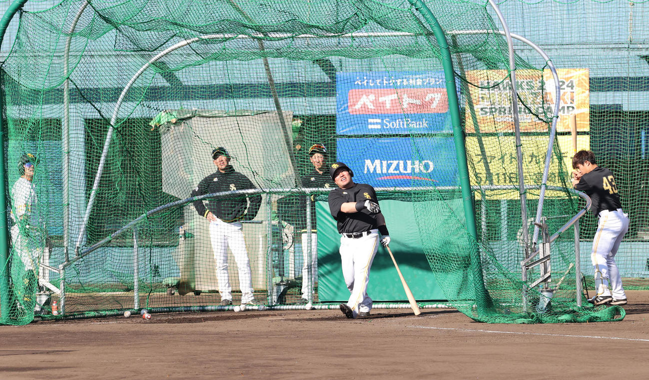 居残り特打で快音を響かせる山川、左は牧原大、右は井上（撮影・梅根麻紀）
