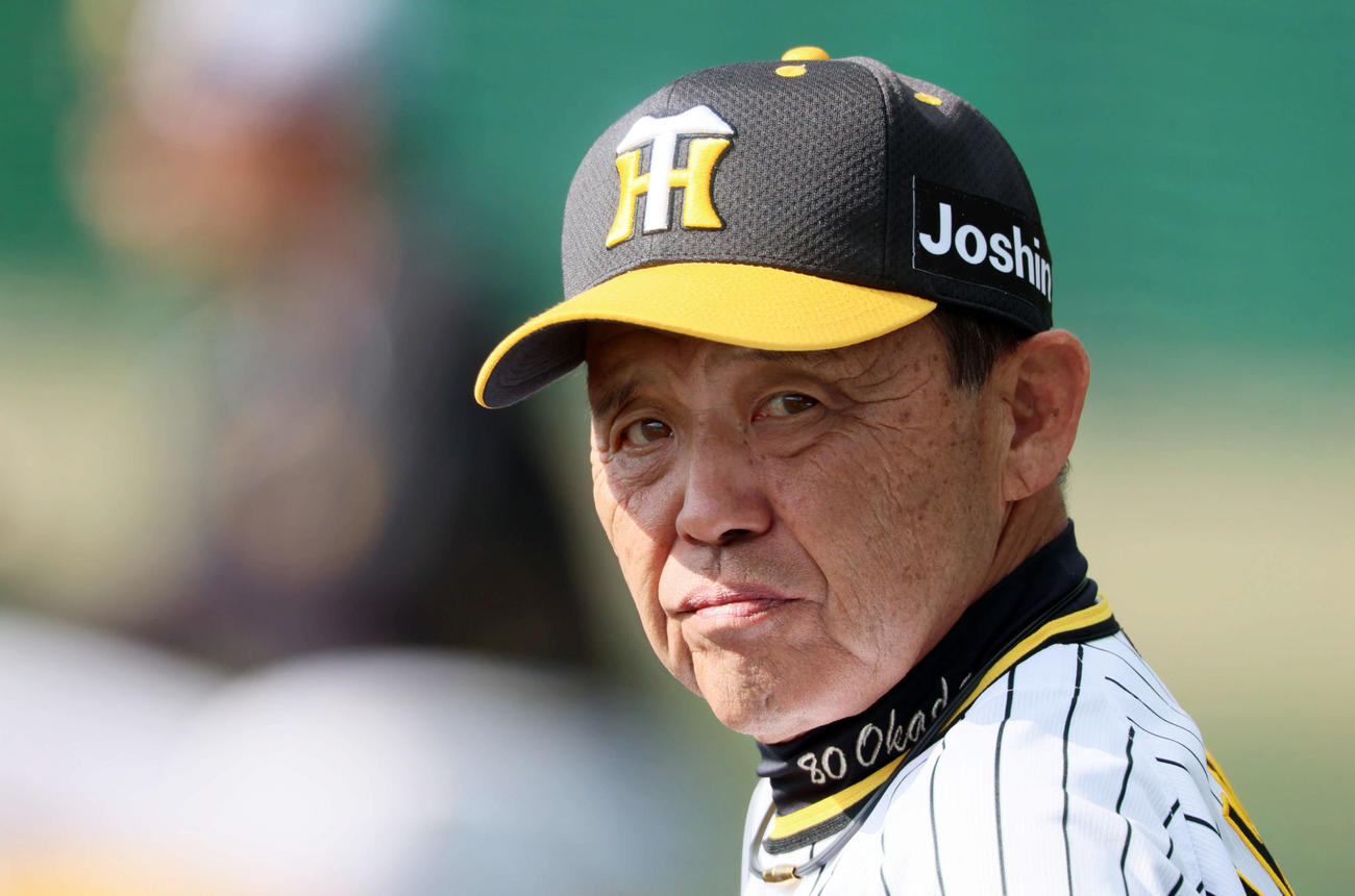 打撃練習を見る岡田監督（撮影・加藤哉）