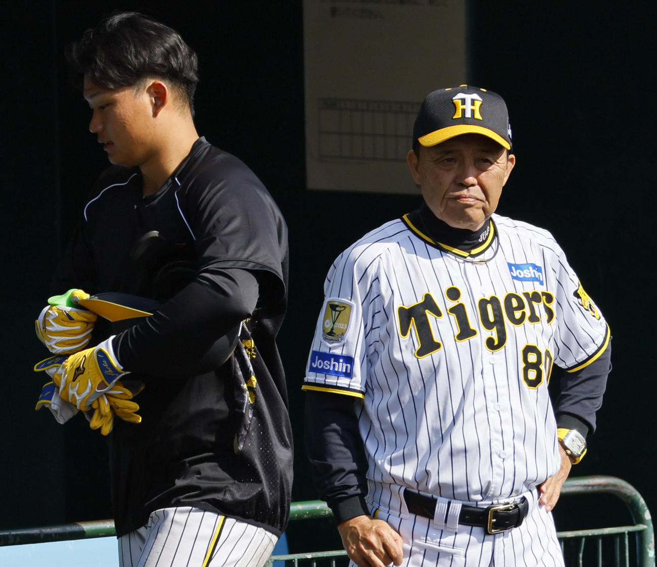 特打を見つめる岡田監督（右）と森下（撮影・藤尾明華）