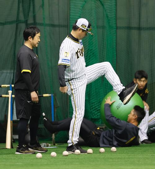 阪神春季キャンプ　リハビリする筒井外野守備走塁コーチ（撮影・藤尾明華）