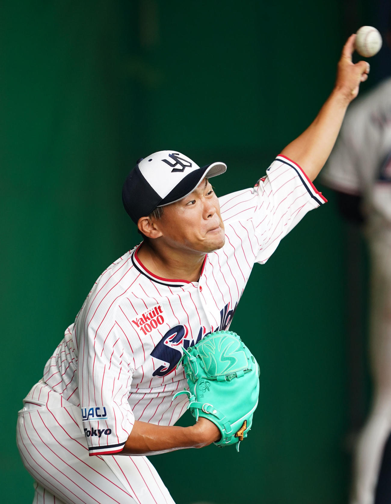 ブルペンで投球練習をするヤクルト田口（撮影・横山健太）