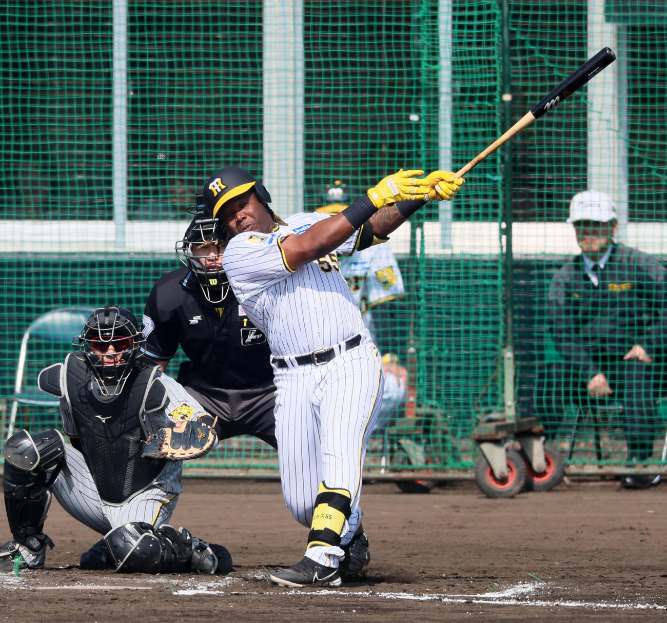 紅白戦　2回裏白組1死一塁、ミエセスは左越え2点本塁打を放つ（撮影・加藤哉）