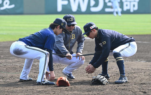 相撲の仕切りを指導しているわけではありません。梵コーチ(中央)の指導を受け、低い姿勢でゴロ捕球の練習をする宜保(右)と大里(撮影・和賀正仁)