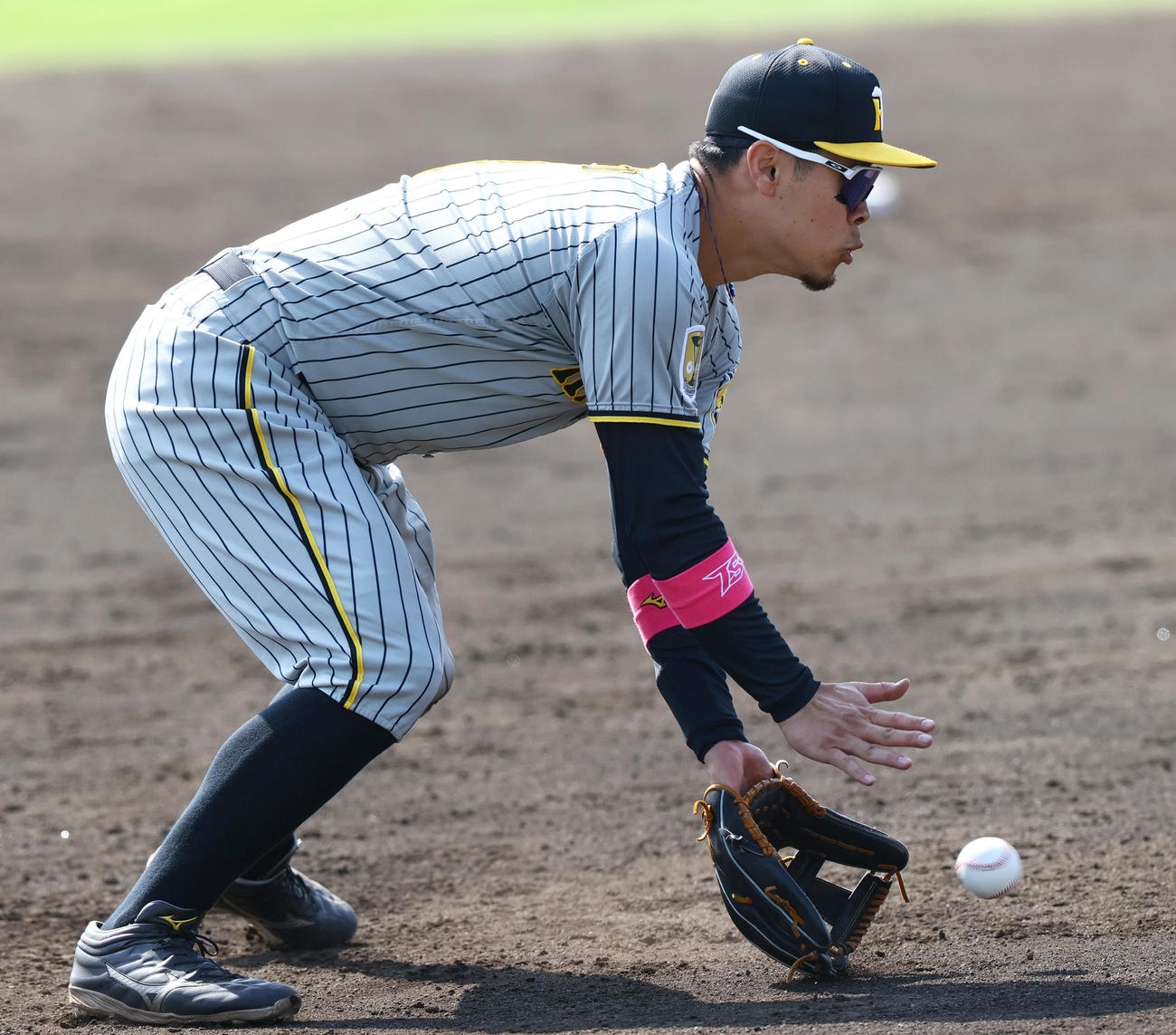 紅白戦　3回裏白組1死、三塁手佐藤輝は糸原を三ゴロに倒れる（撮影・上山淳一）