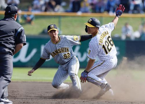 阪神春季キャンプ紅白戦　7回裏白組無死一塁、二盗を決める代走福島（撮影・藤尾明華）