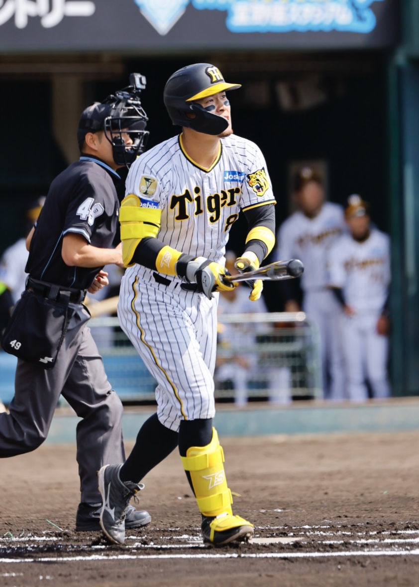 阪神春季キャンプ紅白戦　1回裏白組無死、佐藤輝明は右越えに本塁打を放つ（撮影・藤尾明華）