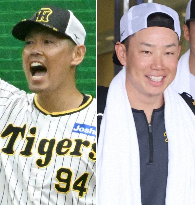 阪神原口文仁（左）と糸原健斗