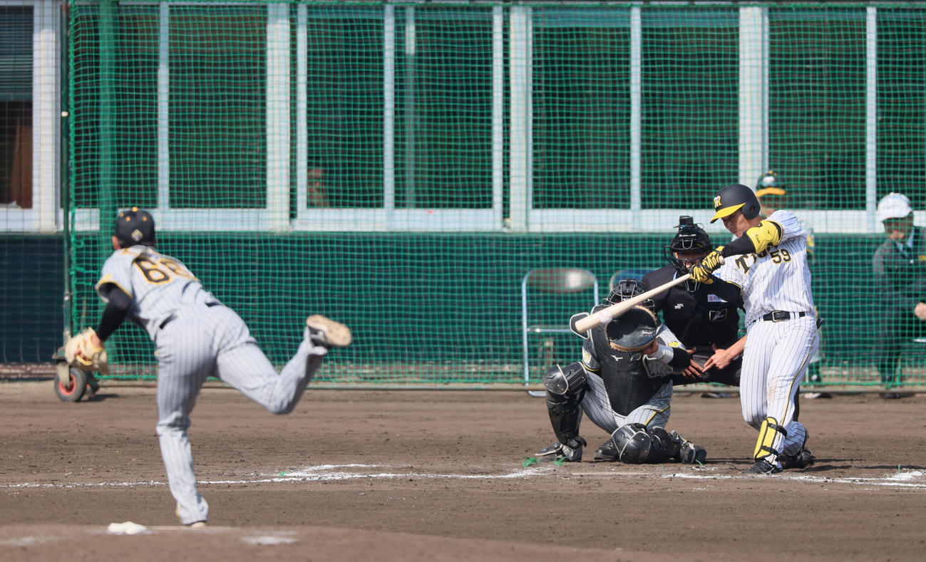 紅白戦　6回裏白組2死一塁、藤田は中前打を放つ。投手は津田（撮影・加藤哉）