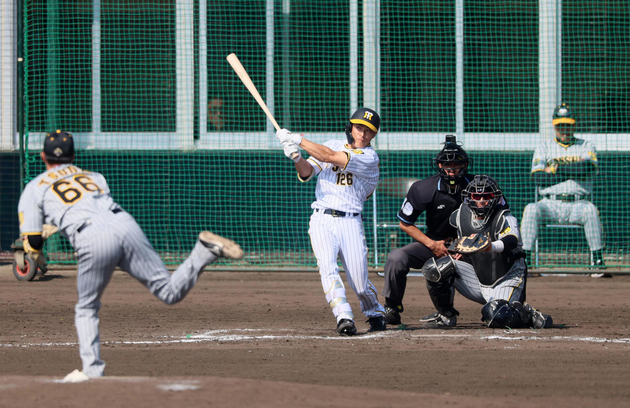 紅白戦　6回裏白組2死一、三塁、福島は右前適時打を放つ。投手は津田（撮影・加藤哉）