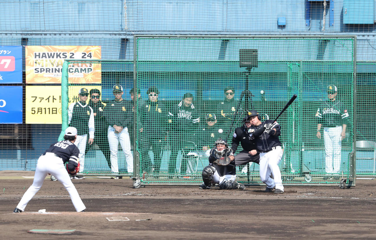 シート打撃で中前安打を放つ山川（撮影・梅根麻紀）
