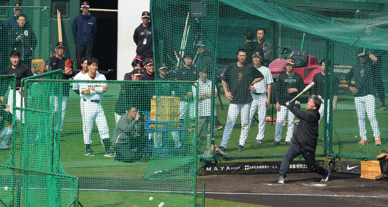岡本和（左）ら巨人ナインが見守る中、フリー打撃で柵越えを披露する松井臨時コーチ（撮影・鈴木みどり）