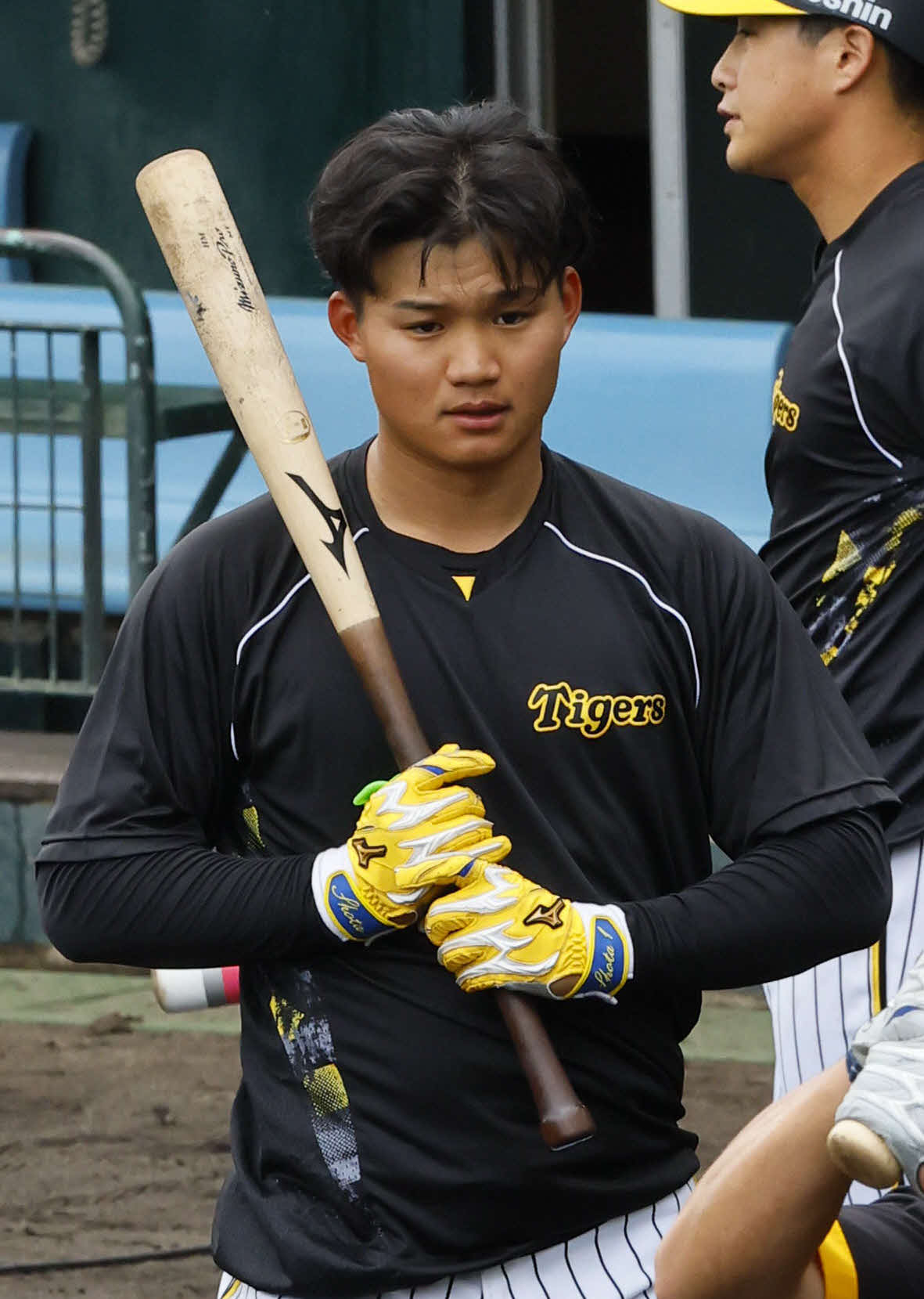 8日、打撃練習を行う阪神森下が使用するバット