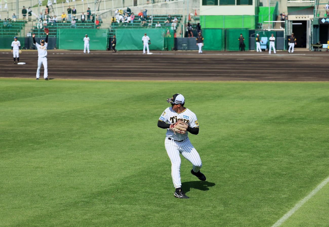 左翼でシートノックを受けた前川（撮影・加藤哉）