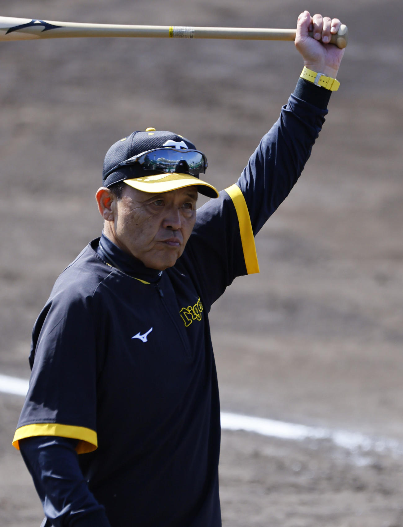 バットを手にする岡田監督（撮影・藤尾明華）