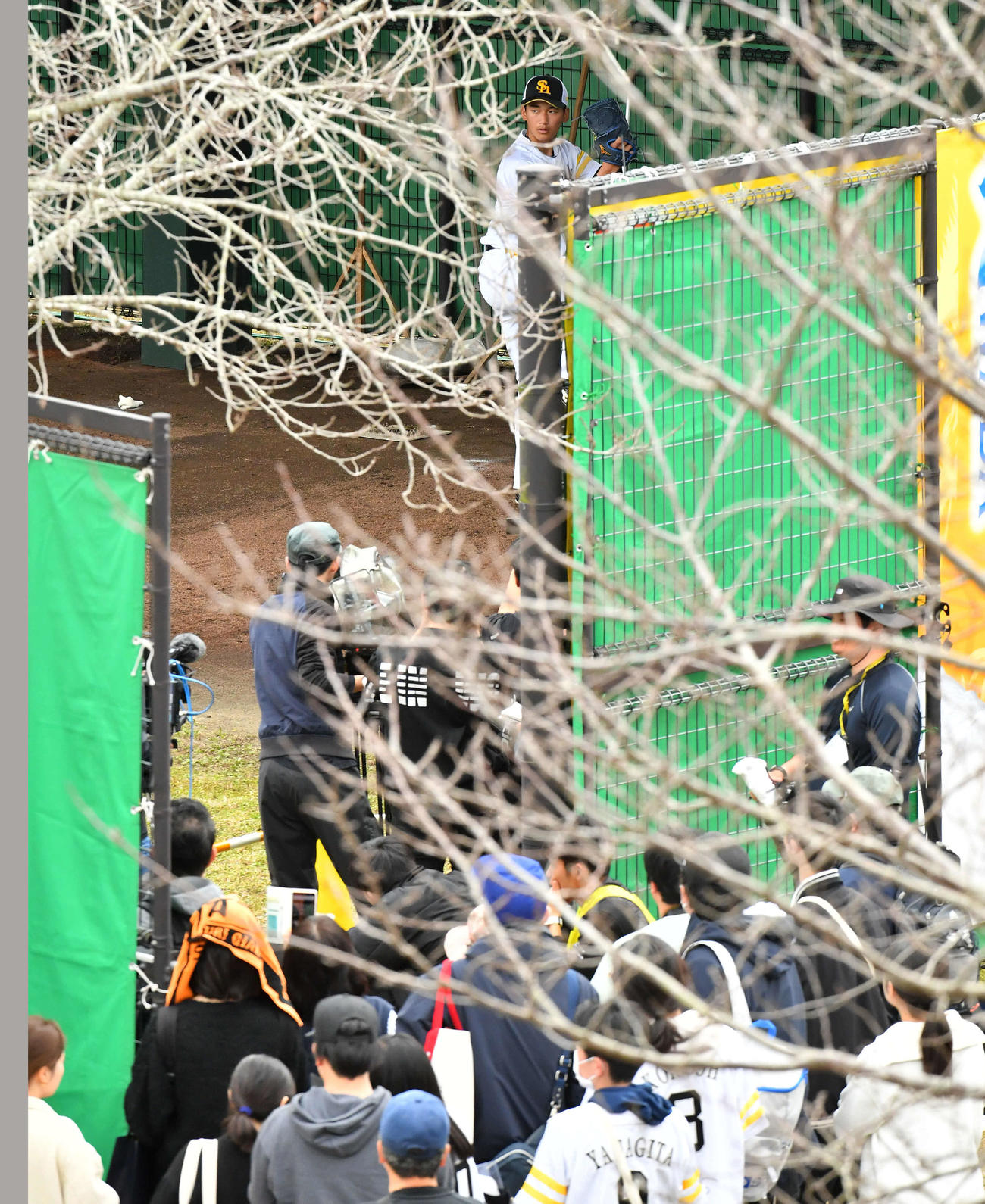 ソフトバンク前田悠のプロ初ブルペン投球に集まる報道陣とファン（撮影・岩下翔太）