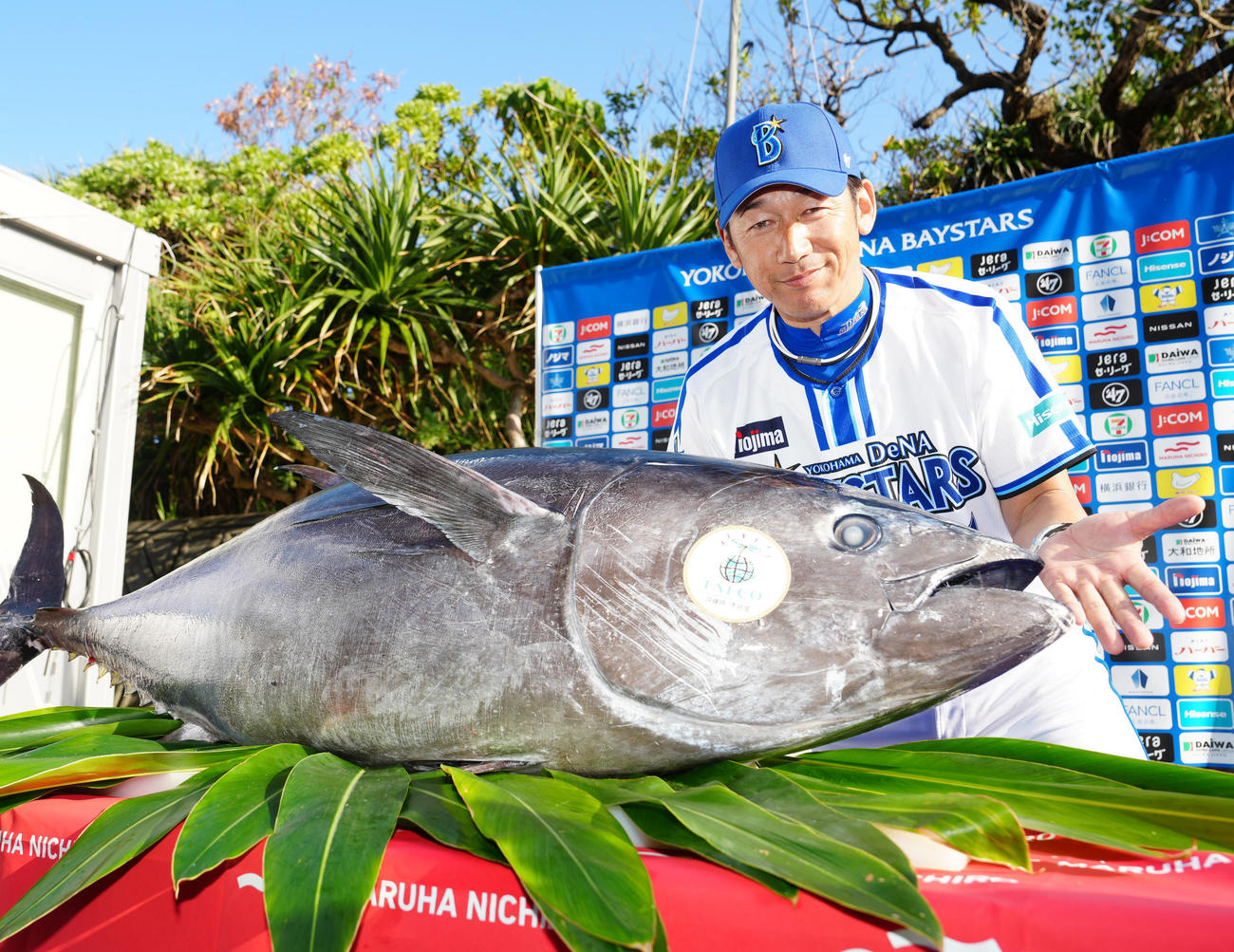 マルハニチロから贈呈されたクロマグロと写真に納まるDeNA三浦監督（撮影・江口和貴）