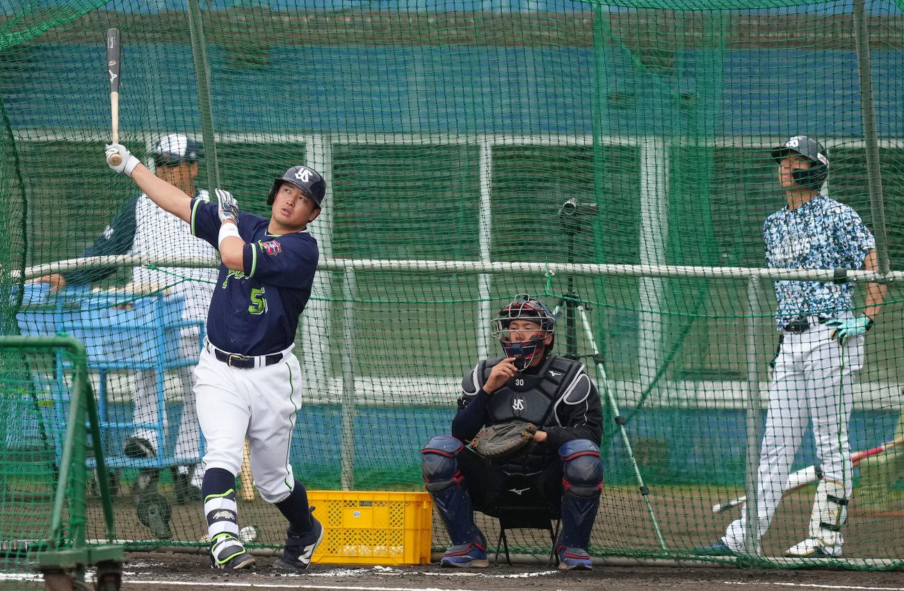 フリー打撃で快音を響かせるヤクルト村上。右は山田（撮影・横山健太）