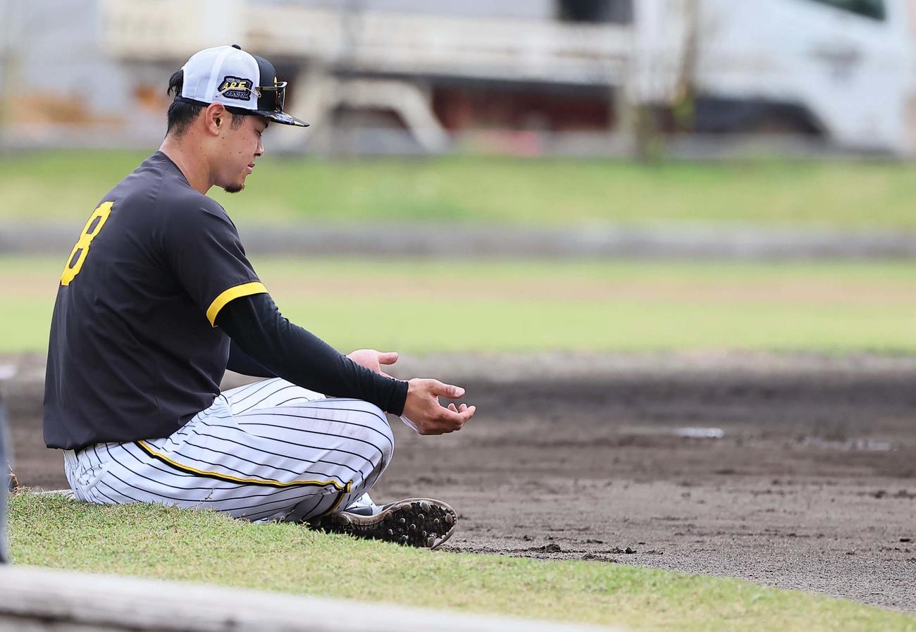 グラウンドで瞑想する阪神佐藤輝（撮影・上田博志）