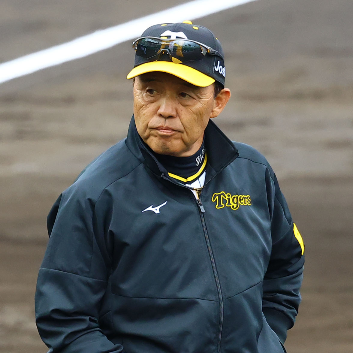 練習を見る岡田彰布監督（撮影・藤尾明華）