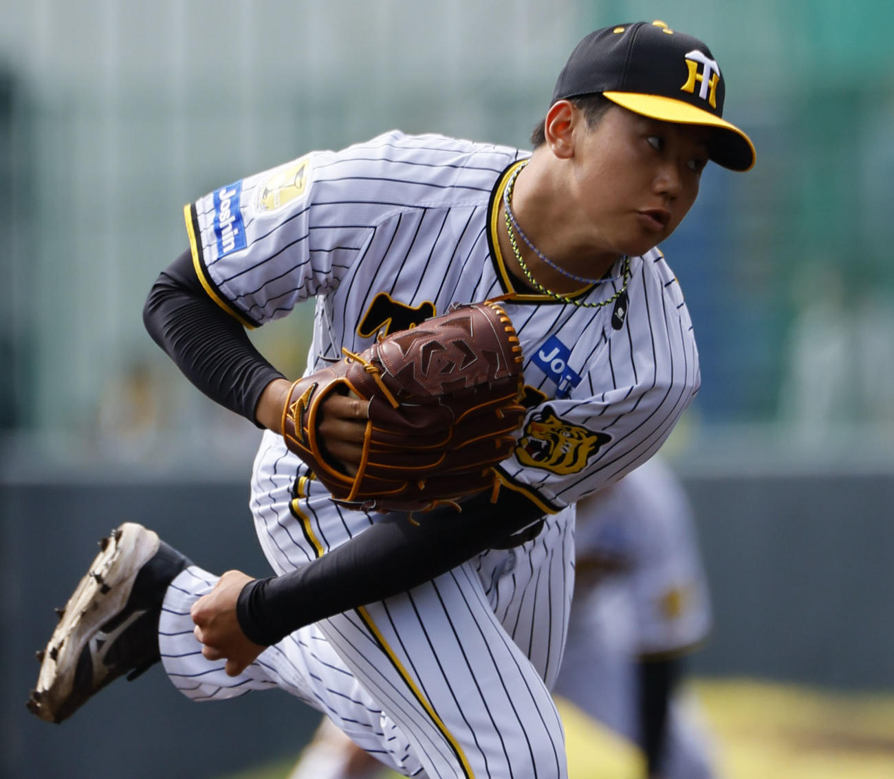 練習試合　阪神対楽天　3番手で登板し、3回無失点の好投を見せた阪神門別（撮影・藤尾明華）