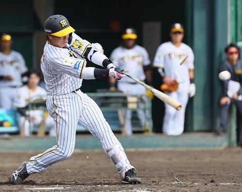 阪神対楽天 4回裏阪神1死満塁、梅野はバットを折られながらも右前適時打を放つ(撮影・上田博志)