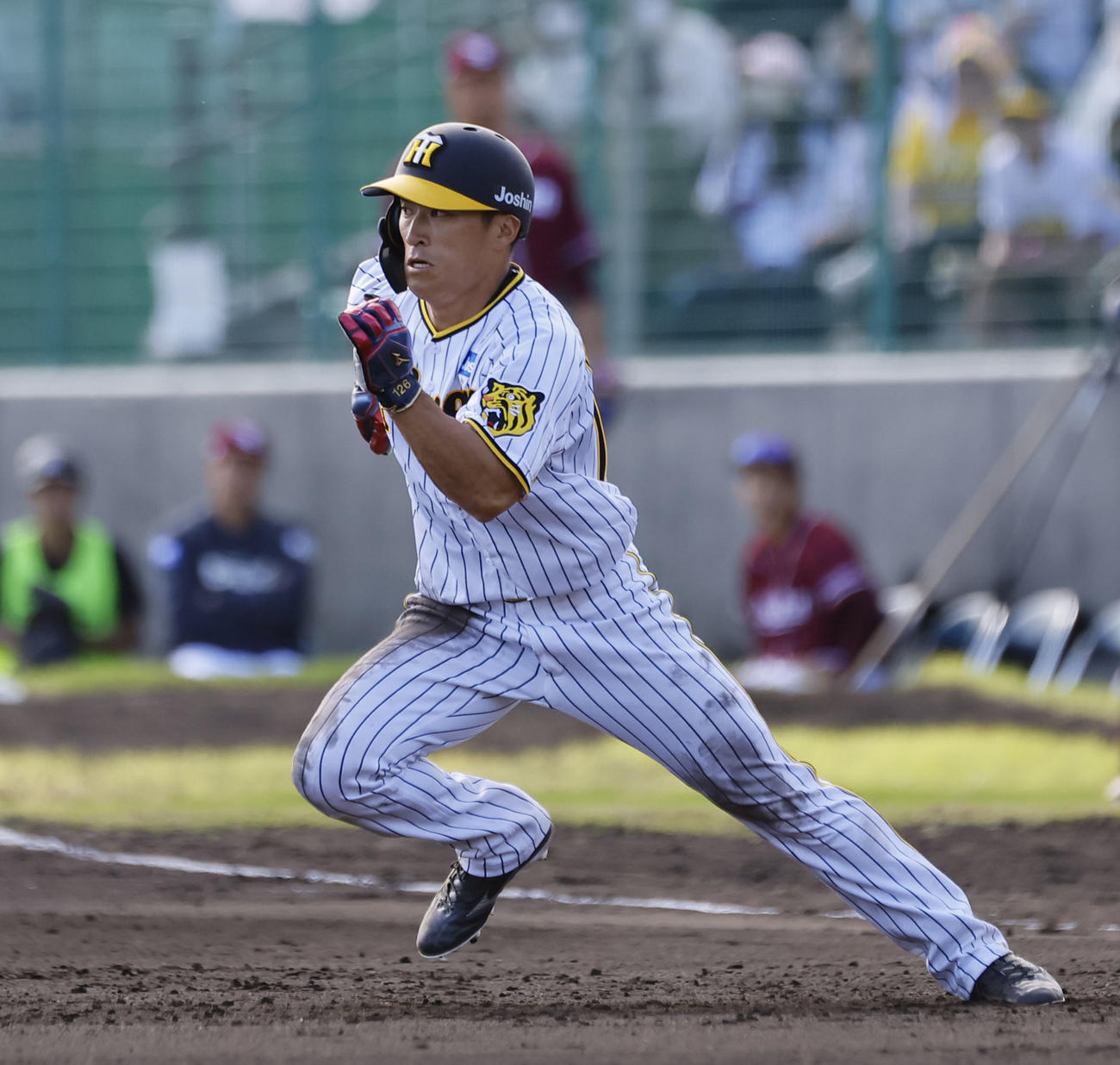 練習試合　阪神対楽天　7回裏阪神無死一塁、打者小野寺のとき、代走福島はスタートを切るも二盗失敗（撮影・藤尾明華）